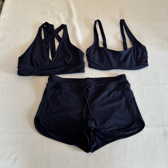 Navy Blue Athleta Surge Shorts + 2 Bikini 👙 Tops - Picture 1 of 9